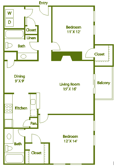 Floor plan for 2 beds, 2 baths, 1036 sqft